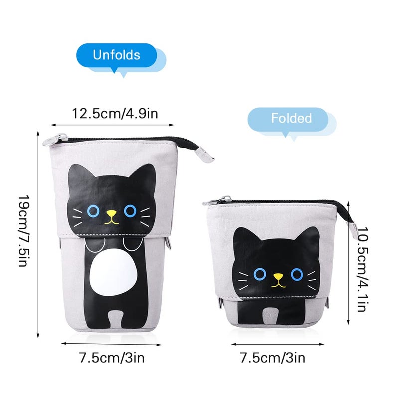 iSuperb Standing Pencil Pouch Pencil Case Cute Cat Telescopic with Zipper Canvas Kwaii Cartoon Pencil Bag Stationery Box for Kids Girls Boys School Supplies 7.5 x 4.9 x 3.0inch/4.1x 3.0inch - Image 5